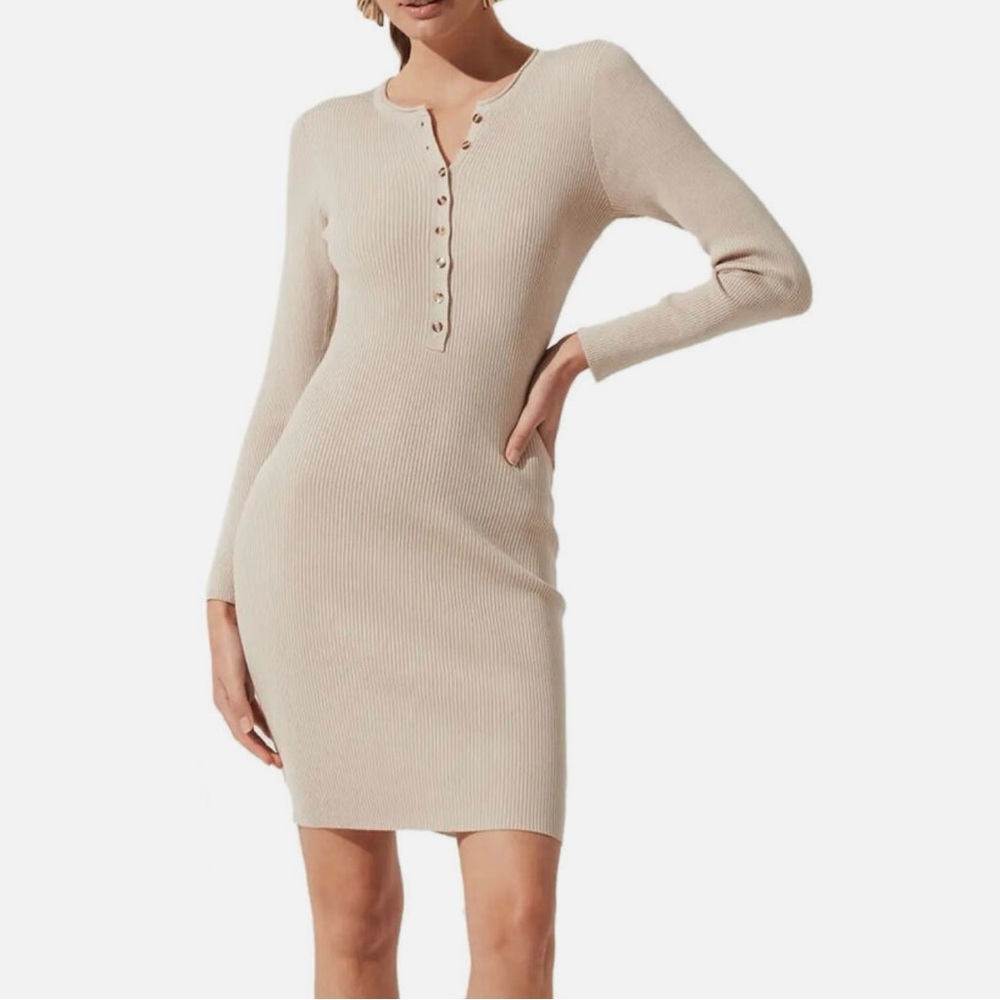 ASTR The Label Revolve Long Sleeve Ribbed Henley Sweater Dress in Oatmeal, M